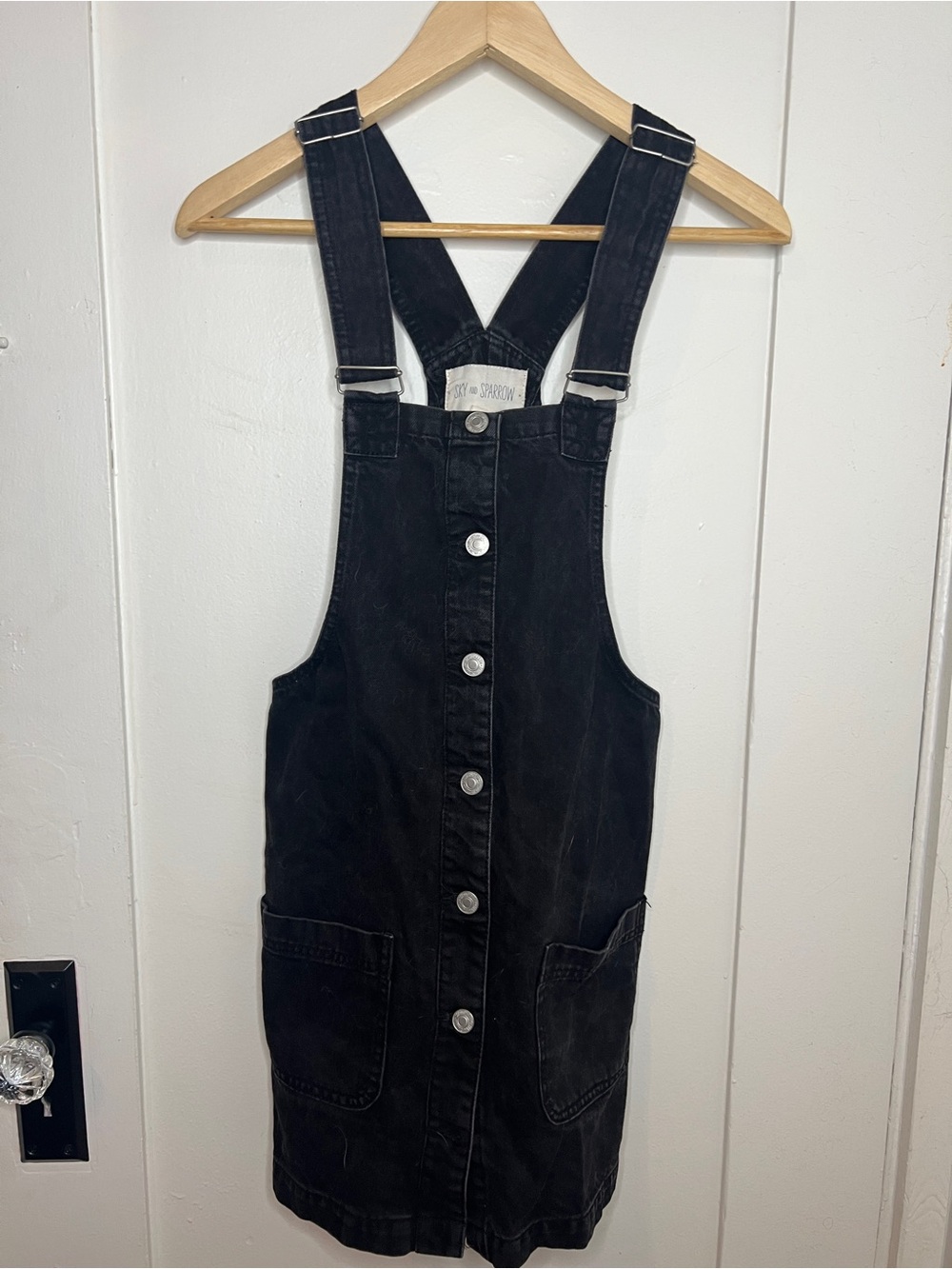 Sky and Sparrow Black Denim Overall Dress with Button Front